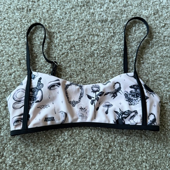 Broken Promises Other - Edgy Black and White Graphic Bikini Top